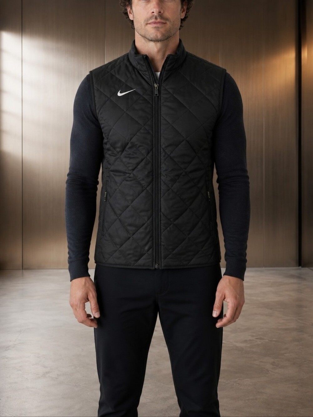 Nike Black Diamond-Quilted Insulated Men's Vest Reversible Swoosh Logo